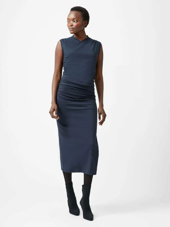 French Connection Rallie Cross Over Neck Ruched Midi Dress Navy Women Dresses