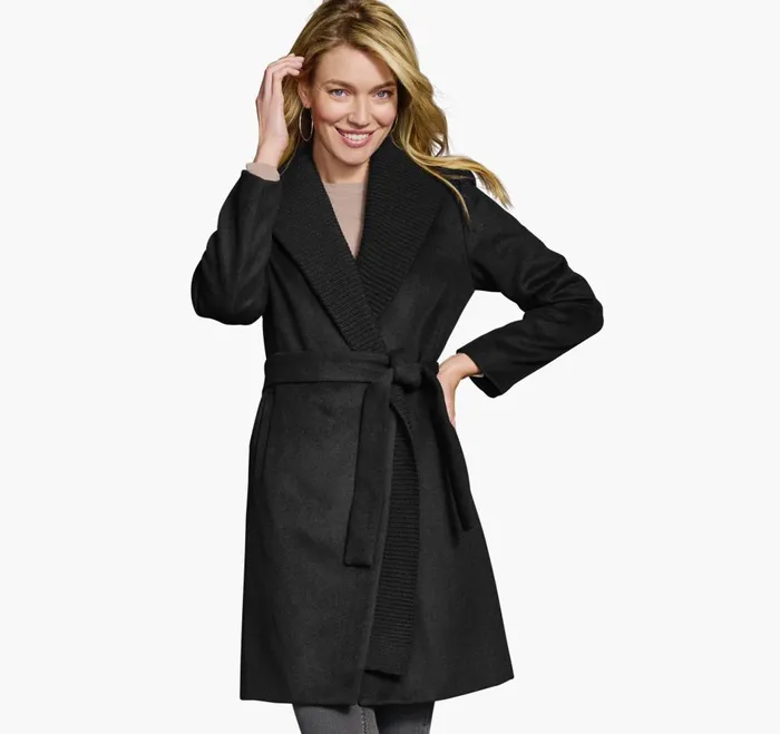 Johnston and Murphy WoolBlend Coat With Removable Knit Collar Black Women Coats Jackets and Vests