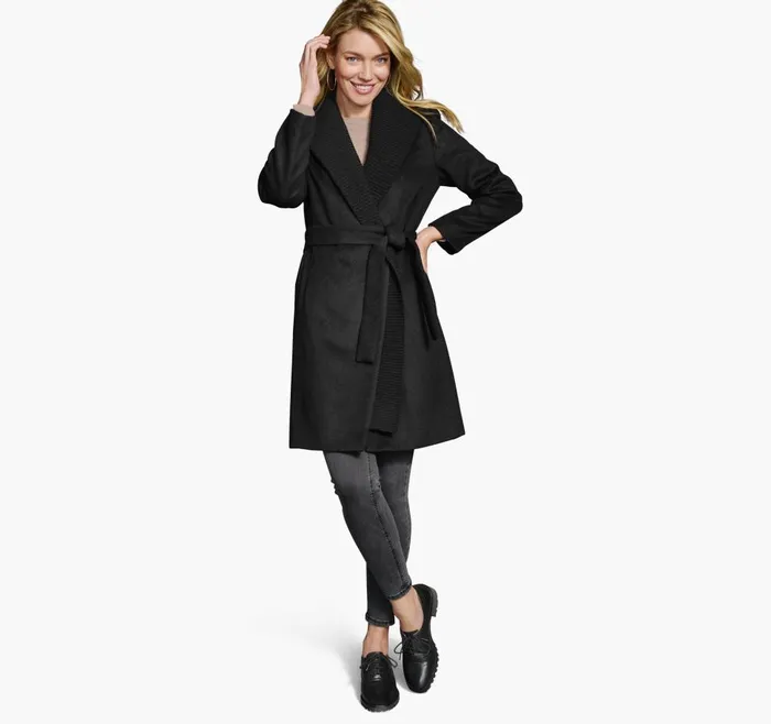 Johnston and Murphy WoolBlend Coat With Removable Knit Collar Black Women Coats Jackets and Vests