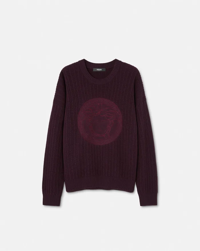 Knitwear Men Versace Embroidered Medusa CableKnit Sweater Brown