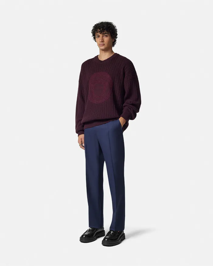 Knitwear Men Versace Embroidered Medusa CableKnit Sweater Brown