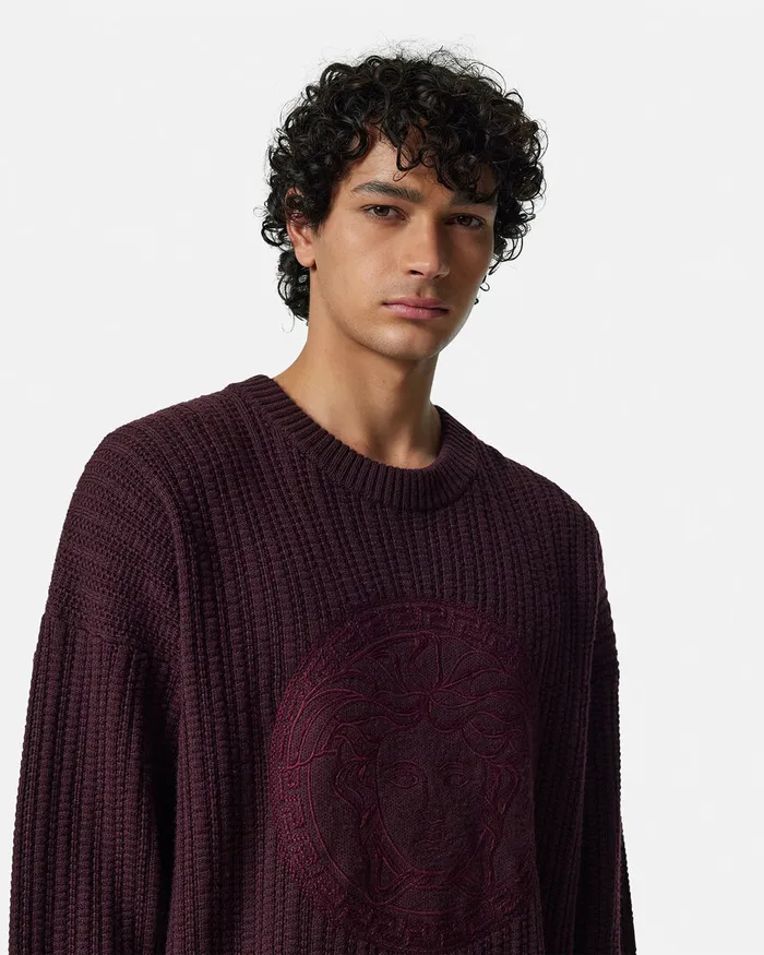 Knitwear Men Versace Embroidered Medusa CableKnit Sweater Brown