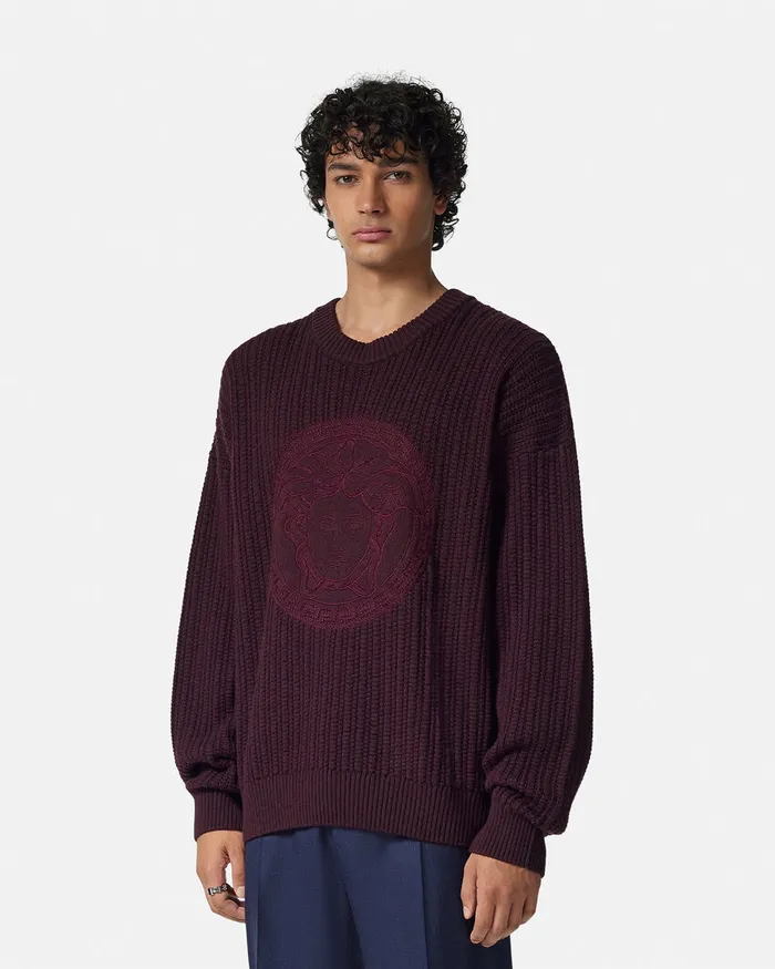 Knitwear Men Versace Embroidered Medusa CableKnit Sweater Brown