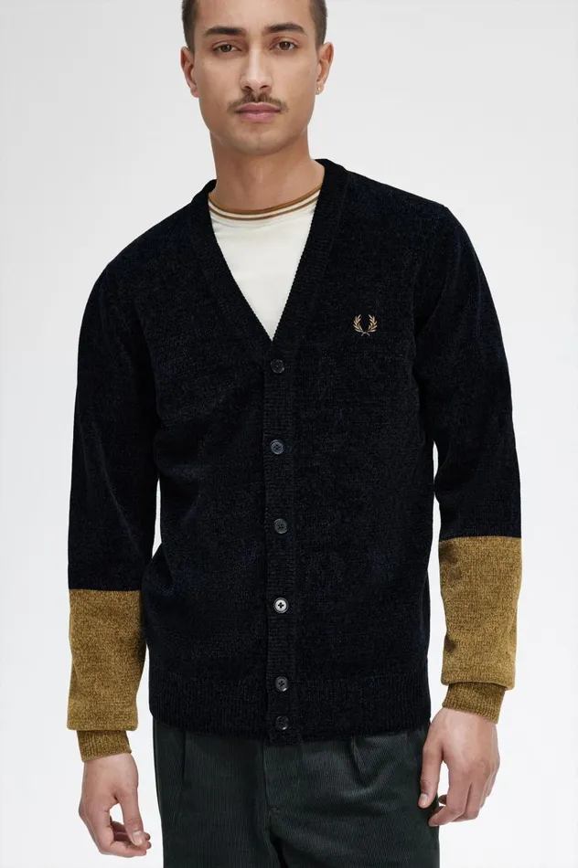 Men Colour Block Chenille Cardigan Black Fred Perry Knitwear