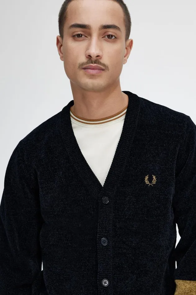 Men Colour Block Chenille Cardigan Black Fred Perry Knitwear