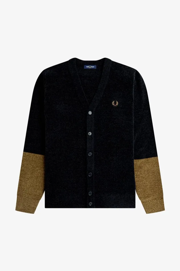 Men Colour Block Chenille Cardigan Black Fred Perry Knitwear