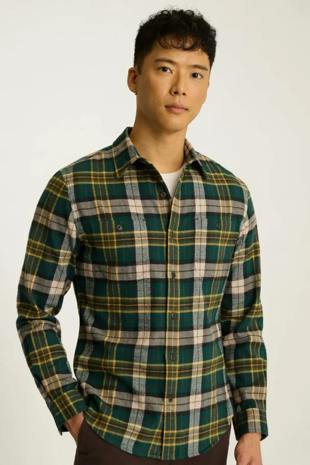 Men Fireside Flannel Shirt Khaki Green Blakely Plaid Bonobos Overshirts