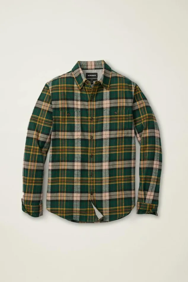 Men Fireside Flannel Shirt Khaki Green Blakely Plaid Bonobos Overshirts