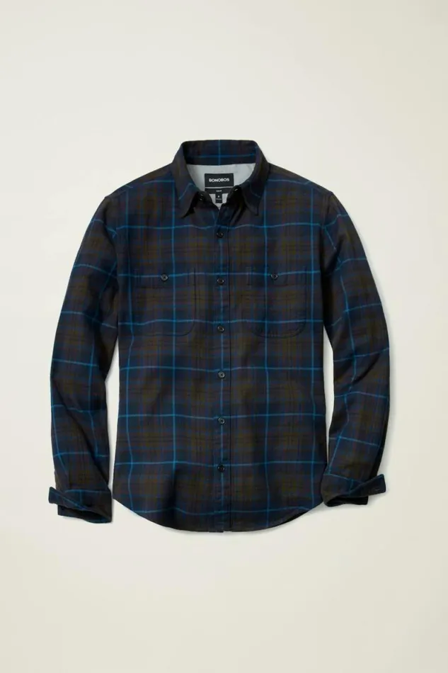 Men Fireside Flannel Shirt Navy Fudge Plaid Bonobos Overshirts