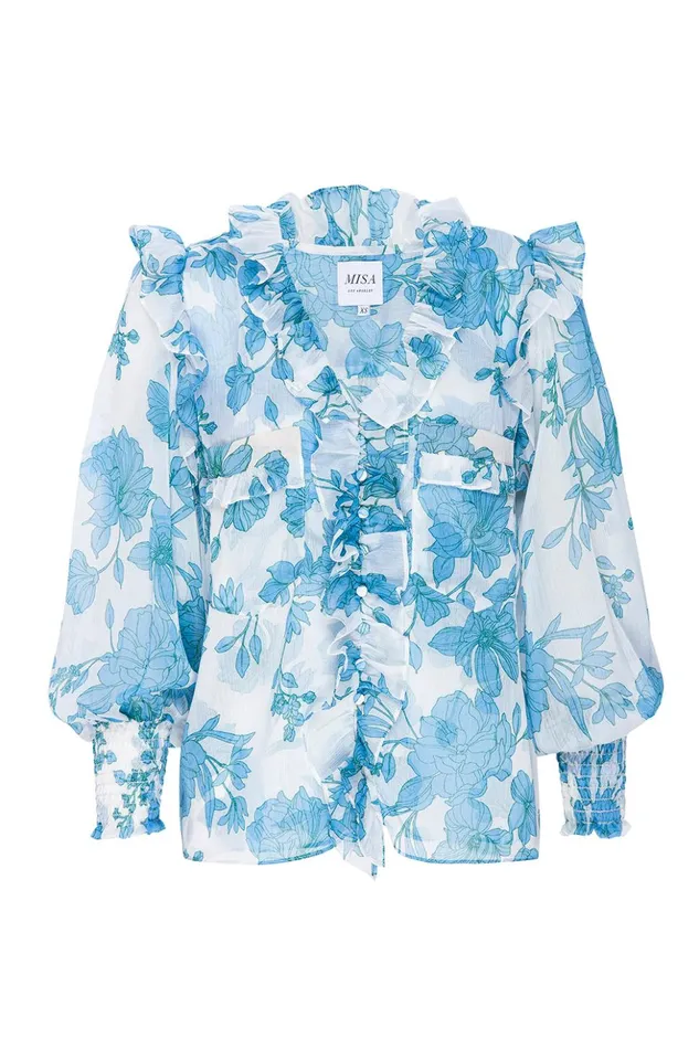 MISA Los Angeles SACHA TOP Turquoise Flora Chiffon Women Tops