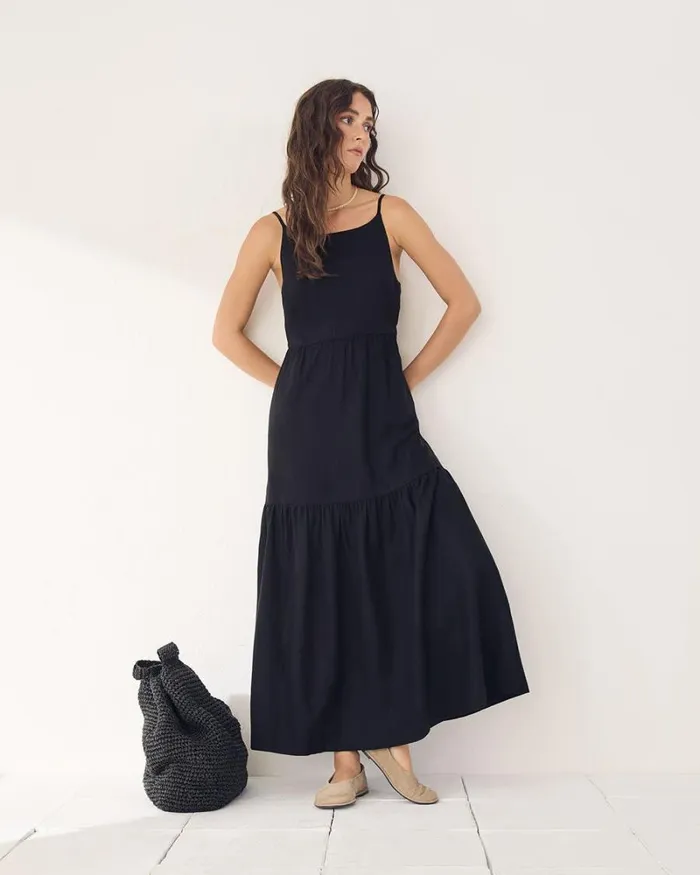 RWandCO Dresses Sleeveless SquareNeck LinenBlend Straight Maxi Dress Black 8211 Women