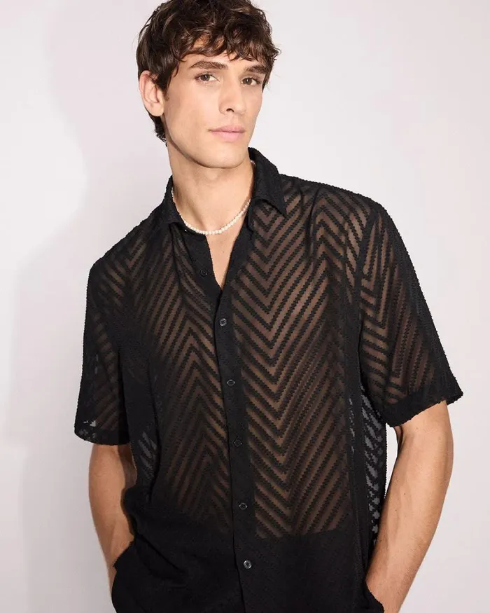 RWandCO Shirts ShortSleeve RegularFit Sheer Herringbone Dress Shirt Black 8211 Men