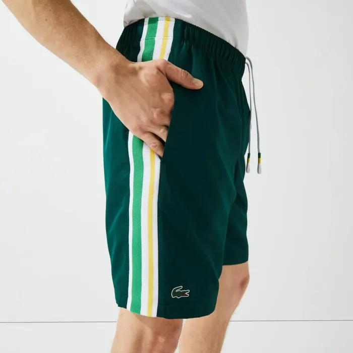 Shorts and Swim Men Lacoste Mens SPORT Contrast Bands Lightweight Shorts Green Yellow White 117