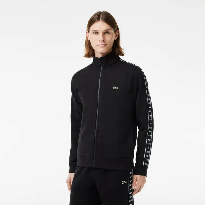 Sweaters and Sweatshirts Men Lacoste Men039s Logo Stripe ZipUp Sweatshirt Black 031