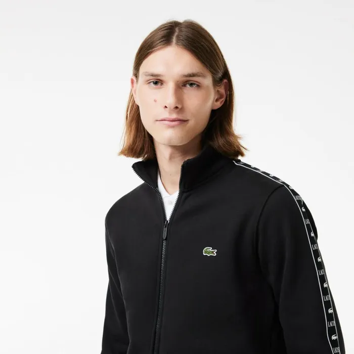 Sweaters and Sweatshirts Men Lacoste Men039s Logo Stripe ZipUp Sweatshirt Black 031