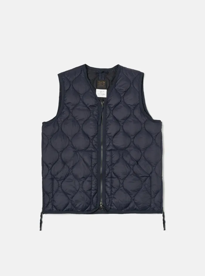 Taion VNeck Down Vest In Dark Navy SoftShell Nylon Men Universal Works Waistcoats and Gilets Taion VNeck Down Vest In Dark Navy SoftShell Nylon Men Universal Works Waistcoats and Gilets