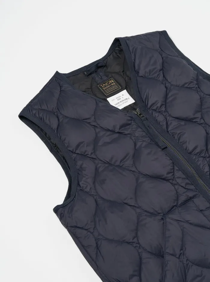 Taion VNeck Down Vest In Dark Navy SoftShell Nylon Men Universal Works Waistcoats and Gilets