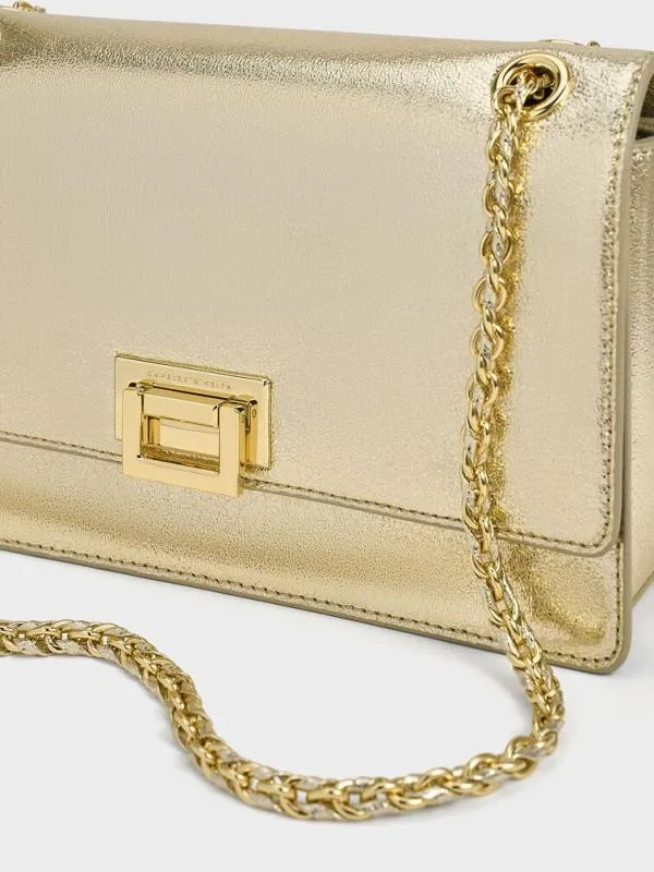 Women Everline Glittered BraidedStrap Shoulder Bag 8211 Gold CHARLES and KEITH Shoulder Bags