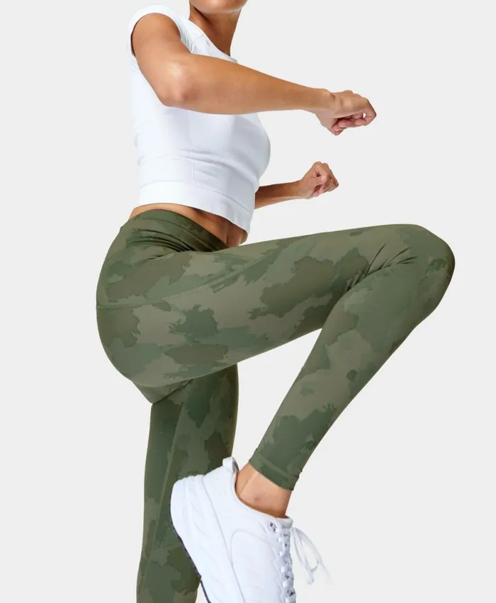 Women Power Gym Leggings Green Painted Camo Print Sweaty Betty Pocketed