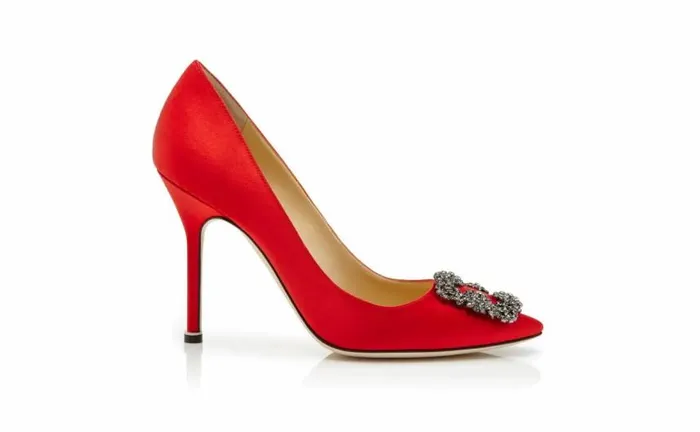 Women Red Satin Jewel Buckle Pumps Manolo Blahnik Pumps