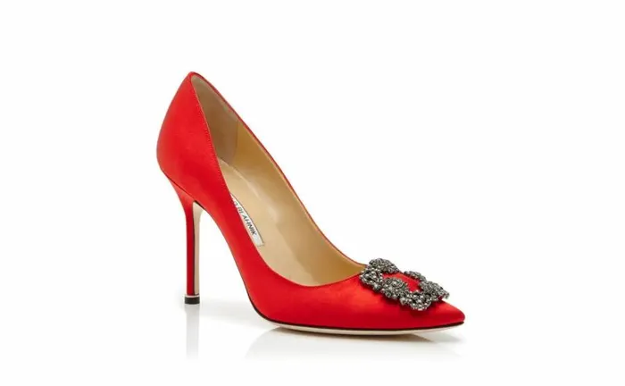 Women Red Satin Jewel Buckle Pumps Manolo Blahnik Pumps