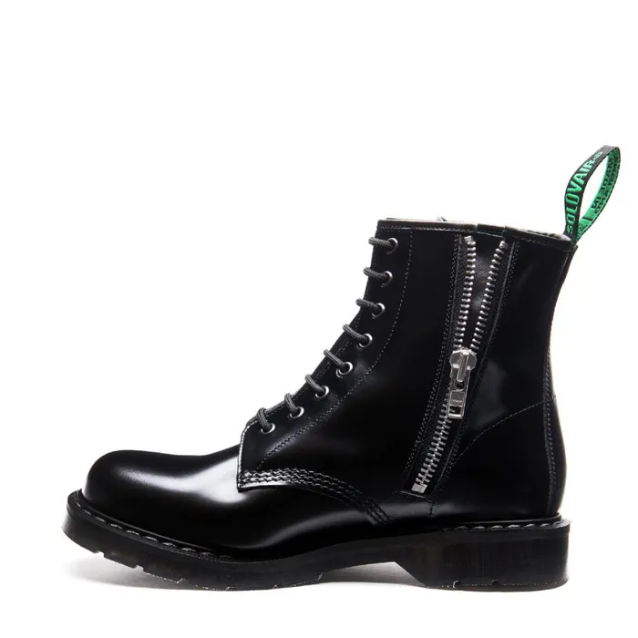Women Solovair Zip Boots Black HiShine 8 Eye Zip Derby Boot