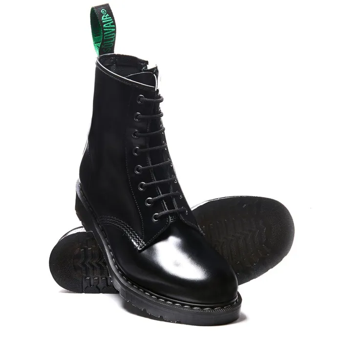 Women Solovair Zip Boots Black HiShine 8 Eye Zip Derby Boot