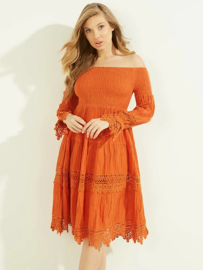 Amber OfftheShoulder Dress Gold Blaze Multi Dresses and Jumpsuits GUESS Women