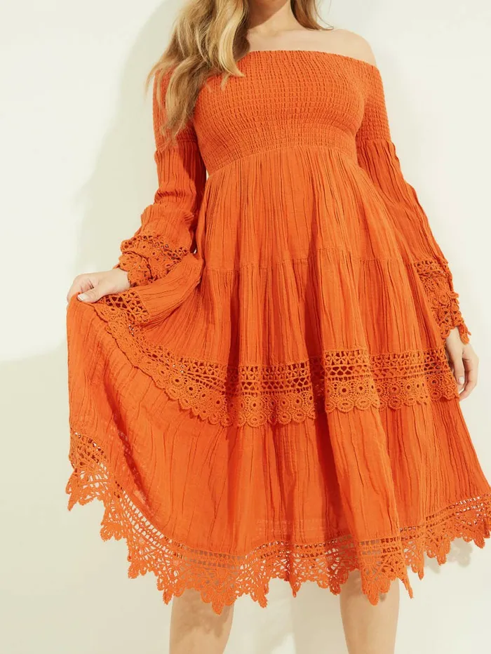 Amber OfftheShoulder Dress Gold Blaze Multi Dresses and Jumpsuits GUESS Women Amber OfftheShoulder Dress Gold Blaze Multi Dresses and Jumpsuits GUESS Women