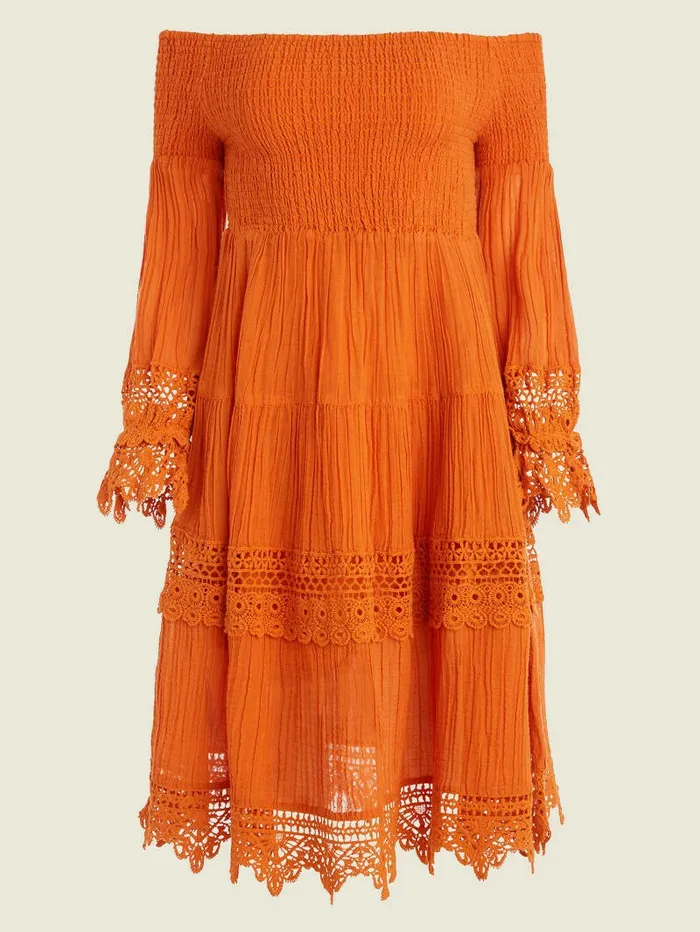 Amber OfftheShoulder Dress Gold Blaze Multi Dresses and Jumpsuits GUESS Women Amber OfftheShoulder Dress Gold Blaze Multi Dresses and Jumpsuits GUESS Women