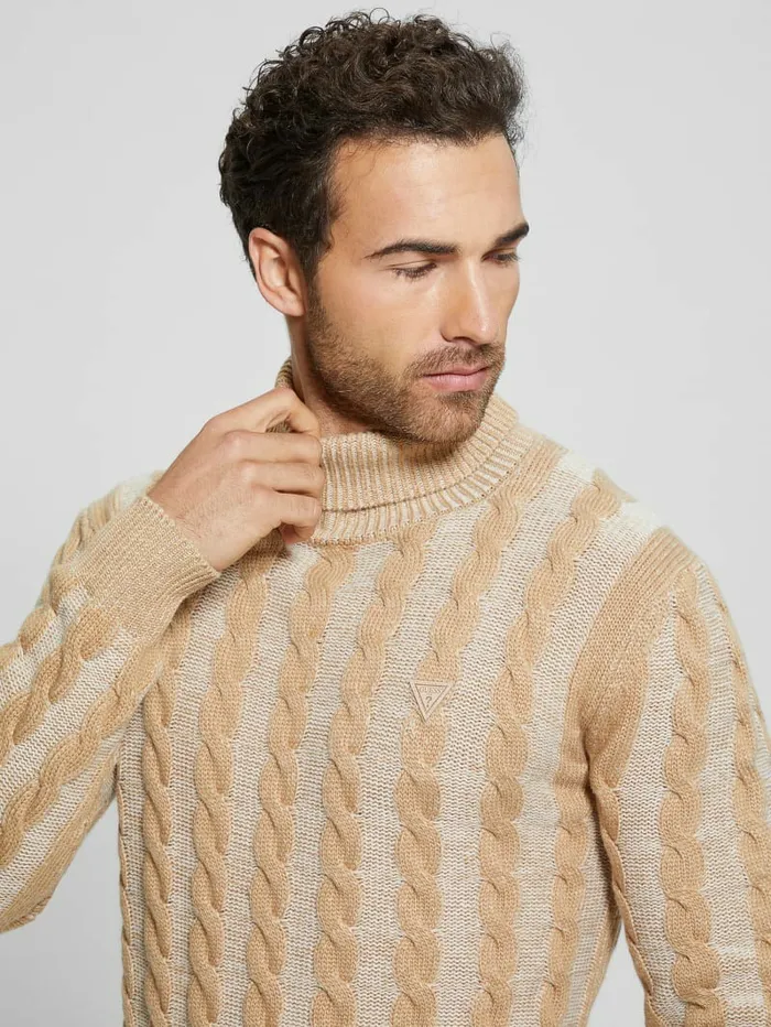 Arkell Turtleneck Cable Sweater Stone And Sand Combo Men Hoodies and Sweaters GUESS