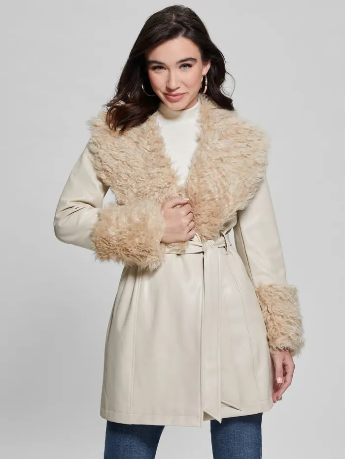 Aurora FauxLeather Coat Pearl Oyster Multi Jackets and Coats GUESS Women