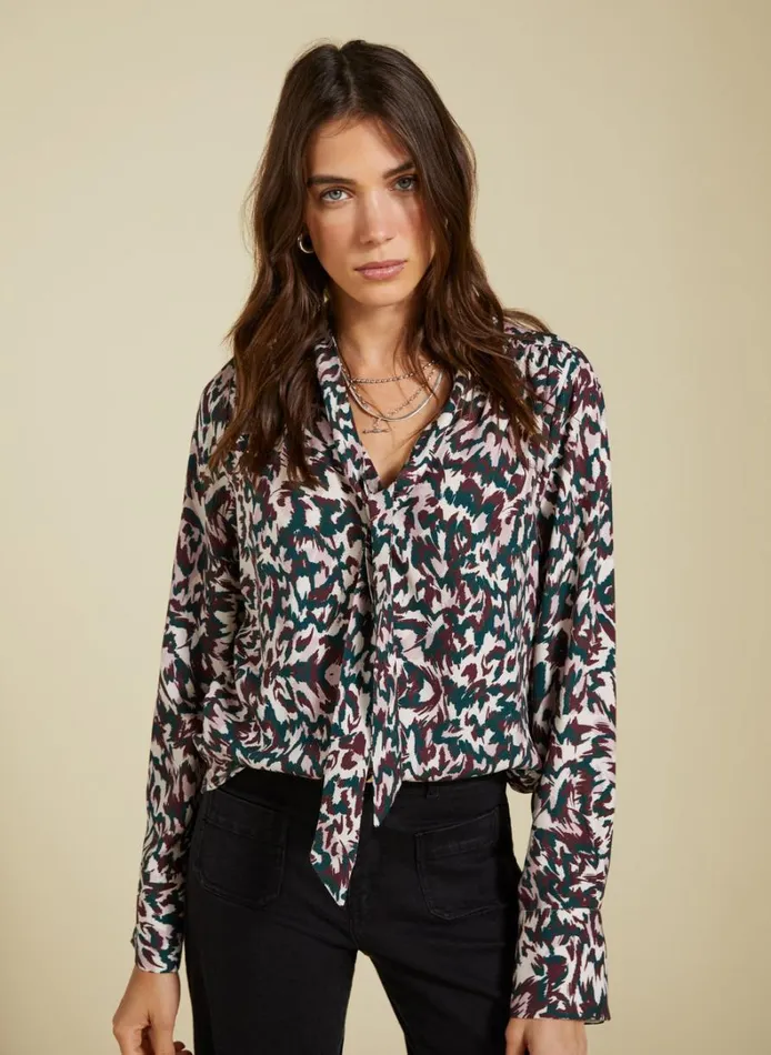 Baukjen Effie Printed Tie Neck Blouse Beige Flanimal Clothing