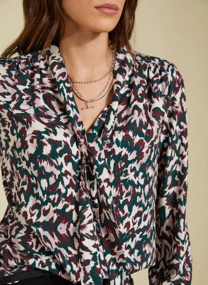 Baukjen Effie Printed Tie Neck Blouse Beige Flanimal Clothing