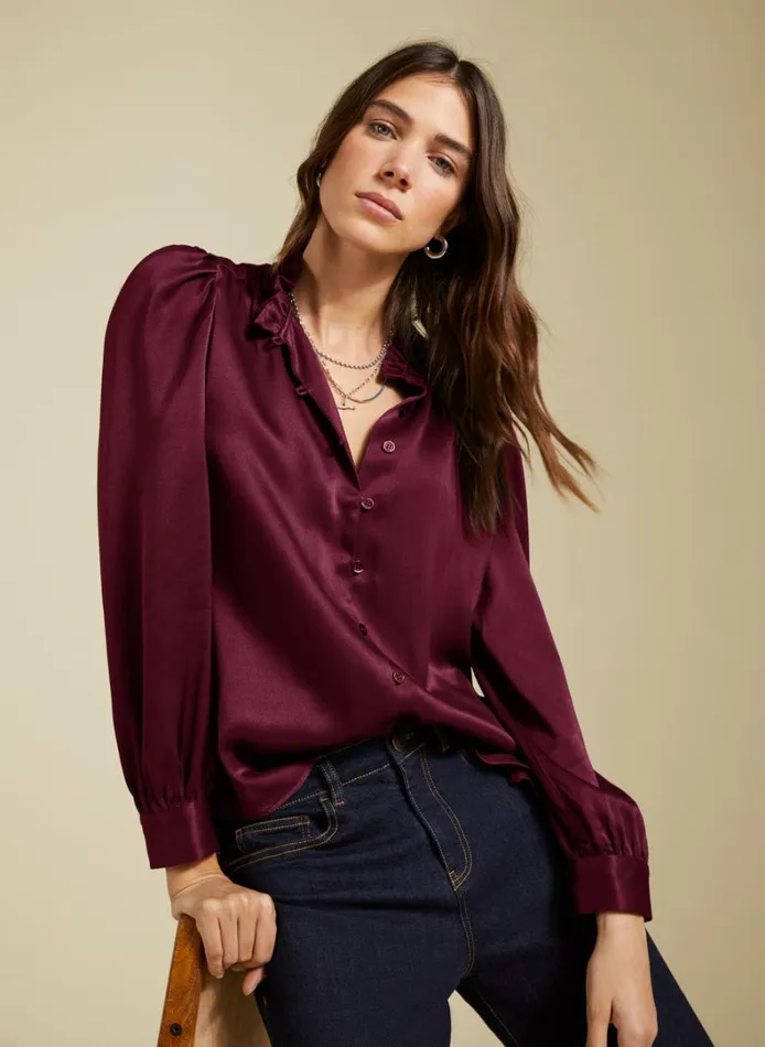 Baukjen Evelyn Satin Frill NeckBlouse Burgundy Clothing