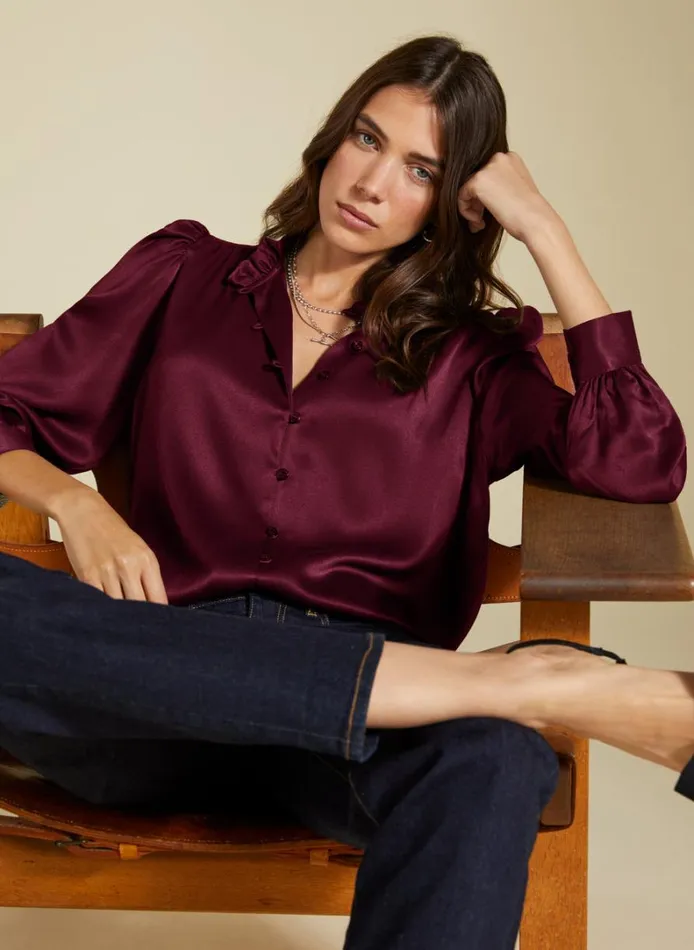 Baukjen Evelyn Satin Frill NeckBlouse Burgundy Clothing