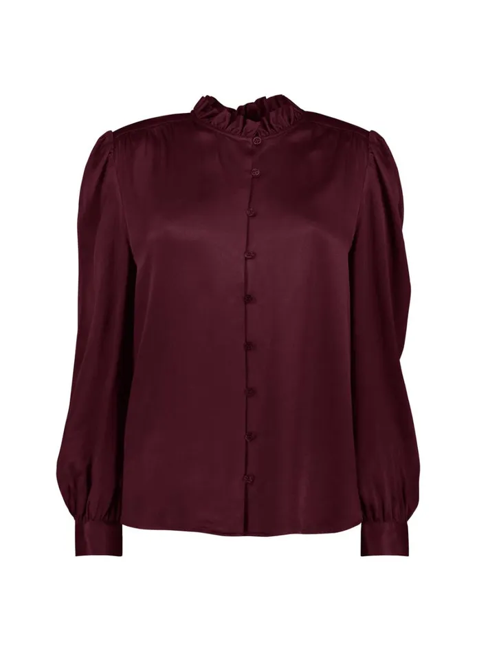 Baukjen Evelyn Satin Frill NeckBlouse Burgundy Clothing