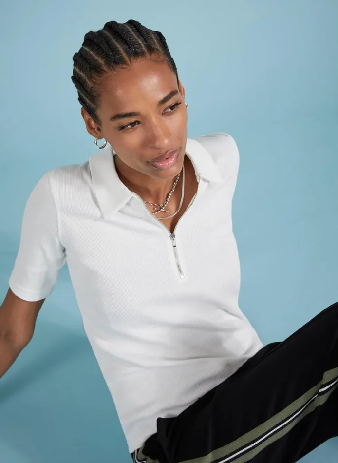 Baukjen Ivy Organic Rib Zip Collar Top Soft White Clothing