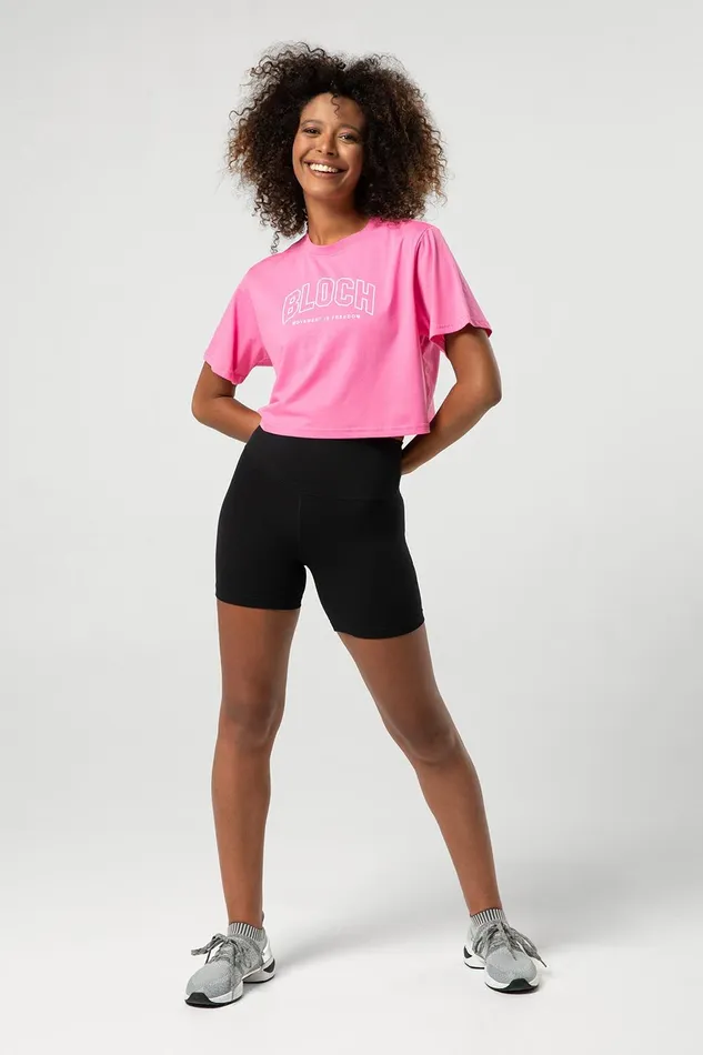 Bloch Ladies Heritage Bloch Print Crop Tee Electric Pink Adult Tops