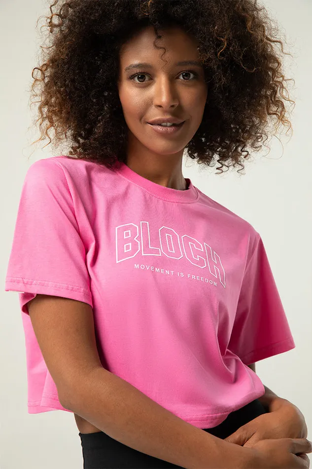 Bloch Ladies Heritage Bloch Print Crop Tee Electric Pink Adult Tops