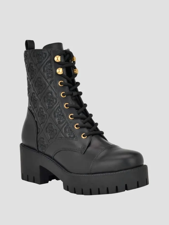 Boots and Booties Women Waite Embossed LaceUp Moto Boots Black 001 GUESS