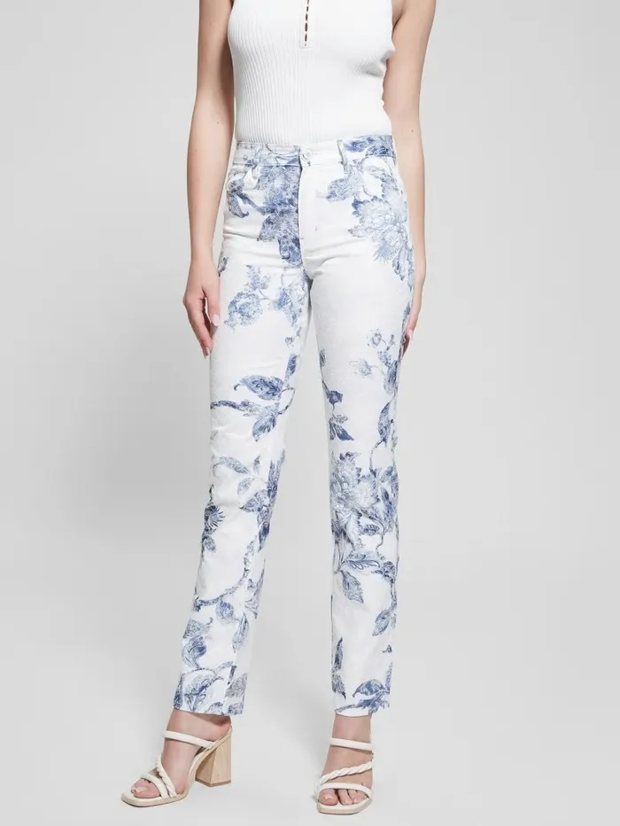 Bottoms Women 1981 Floral MidRise Straight Woven Pants Porcelain Flower GUESS Bottoms Women 1981 Floral MidRise Straight Woven Pants Porcelain Flower GUESS