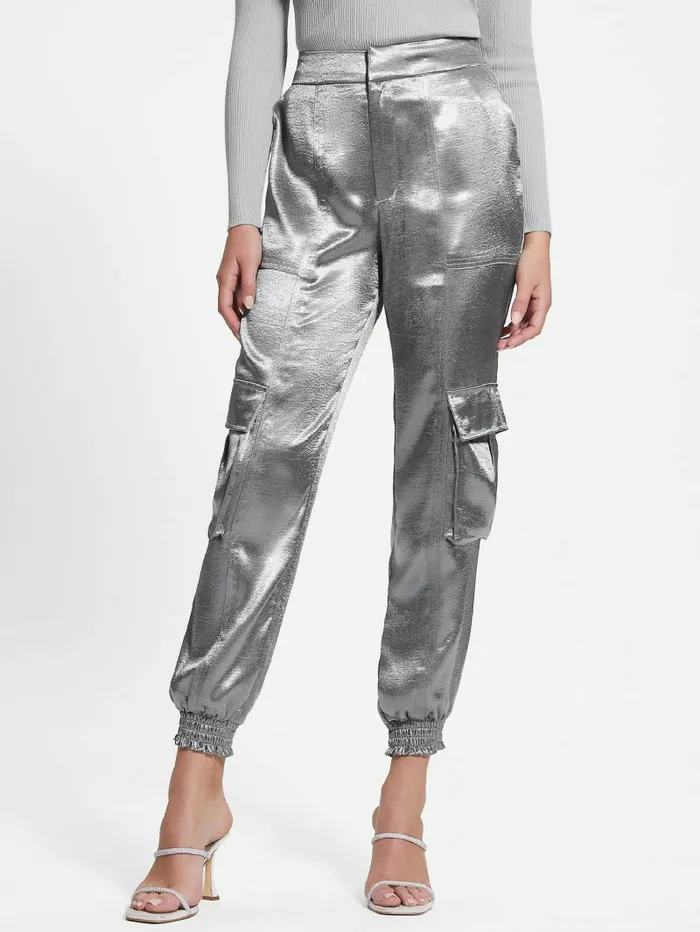 Bottoms Women GUESS Eco Soundwave Satin Cargo Pants Metallic Bottoms Women GUESS Eco Soundwave Satin Cargo Pants Metallic