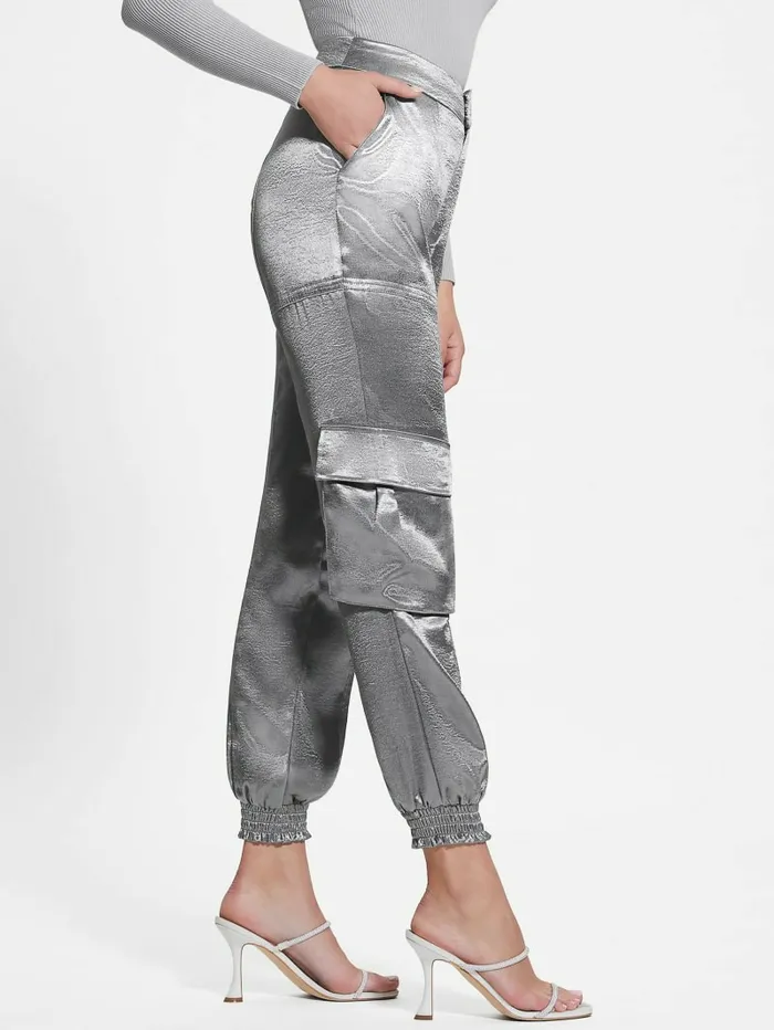 Bottoms Women GUESS Eco Soundwave Satin Cargo Pants Metallic Bottoms Women GUESS Eco Soundwave Satin Cargo Pants Metallic