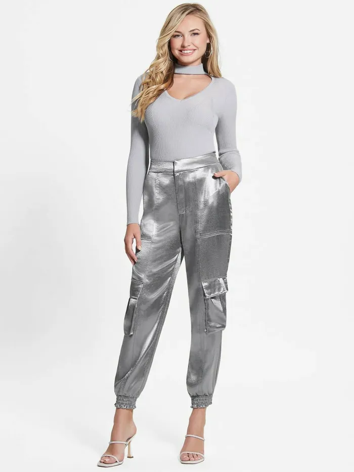 Bottoms Women GUESS Eco Soundwave Satin Cargo Pants Metallic Bottoms Women GUESS Eco Soundwave Satin Cargo Pants Metallic