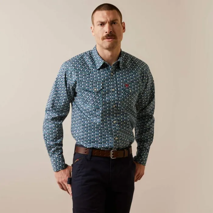 Button Down Shirts Men Ariat FR Earp Retro Fit Snap Work Shirt Storm Blue