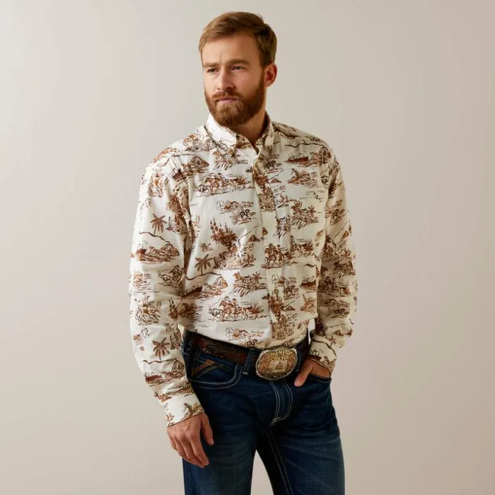 Button Down Shirts Men Ariat Wrinkle Resist Paniolo Western Aloha Stretch Classic Fit Shirt Sand