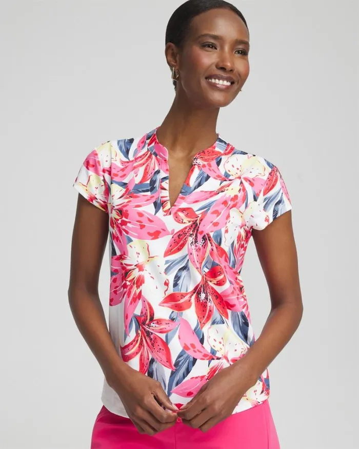 Chico039s Activewear Zenergy UPF Floral Cap Sleeve Polo Pink Bromeliad 8211 Clothing
