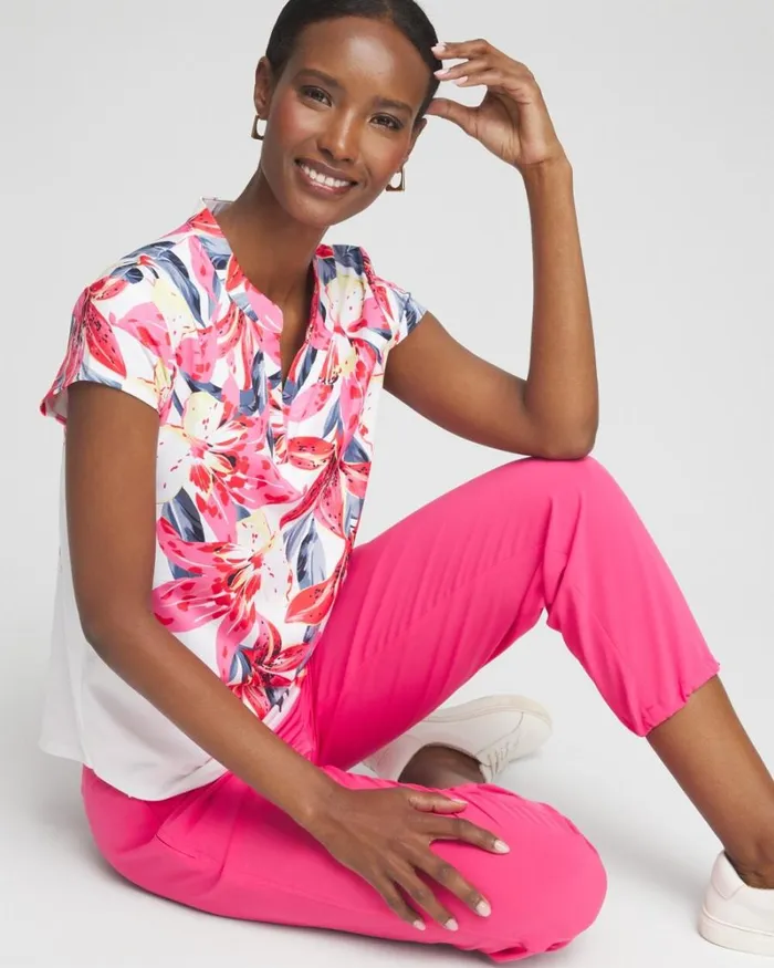 Chico039s Activewear Zenergy UPF Floral Cap Sleeve Polo Pink Bromeliad 8211 Clothing