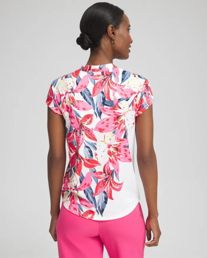 Chico039s Activewear Zenergy UPF Floral Cap Sleeve Polo Pink Bromeliad 8211 Clothing